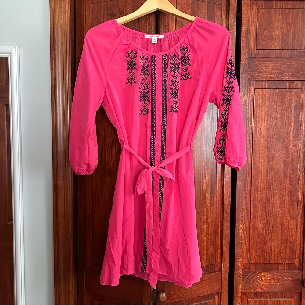 Vibrant Pink Tunic with Navy Embroidery
